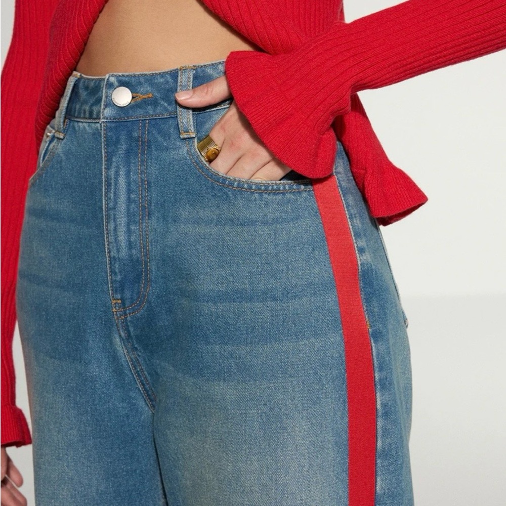 Commense Denim Flare Jeans with Vibrant Red Accent